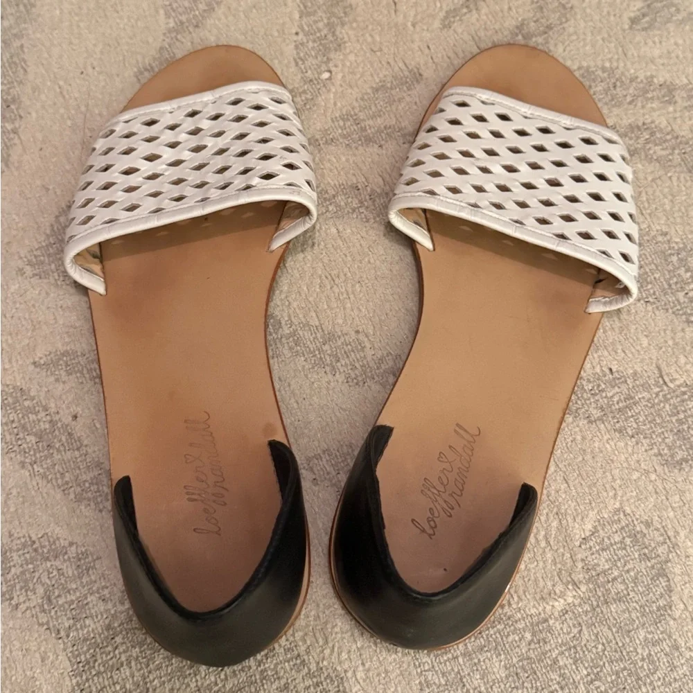 Loeffler Randall White and Black Woven Leather Flat Sandals